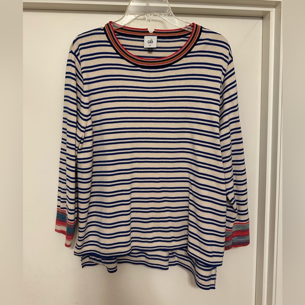 Cabi Cadet Pullover,blue&white stripes with multi colored cuffs&neck.Size M
